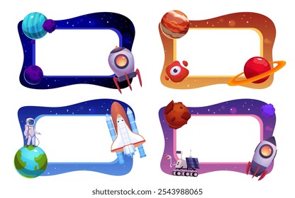 Photo frame space theme cartoon set. Astronaut in galaxy and alien UFO, lunar rover. Border with spaceman, rocket spaceship, Saturn planets in cosmos. Vector flat universe design collection isolated