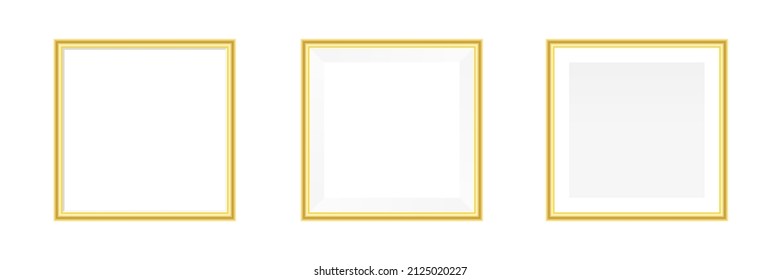 Photo frame square mockup collection. Realistic empty golden frames set. Vector illustration isolated on white.