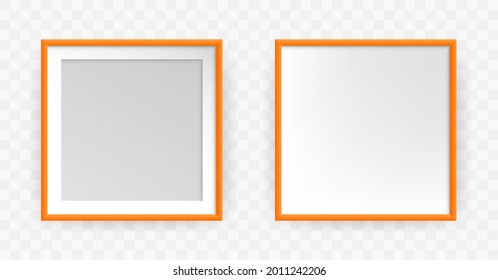 Photo frame square mockup. Realistic orange empty framing, 3d blank photograph design template. Vector illustration