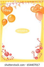 Photo frame. Standard photo size in inches. Vector illustration for your design. Vertical arrangement of the sheet. Yellow frame with air balls and sweet