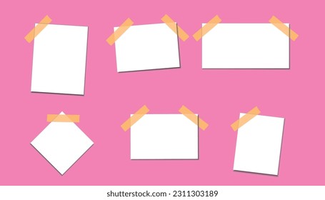 Photo frame stickers set with pink background. mockup design. Blank sticker set hanging on a wall. set realistic photo card. Photo frame stickers set