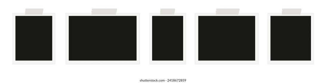 Photo frame with sticky tape on gray background. Template, blank for photo. Vector illustration