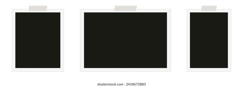 Photo frame with sticky tape on gray background. Template, blank for photo. Vector illustration