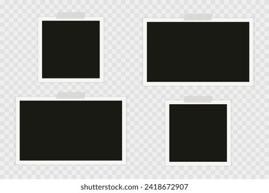 Photo frame with sticky tape on gray background. Template, blank for photo. Vector illustration