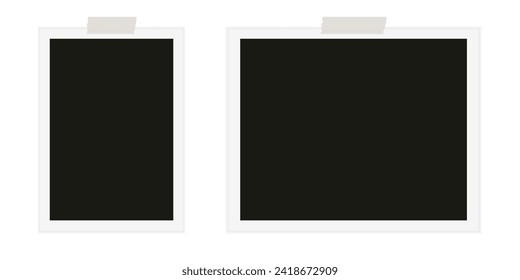 Photo frame with sticky tape on gray background. Template, blank for photo. Vector illustration