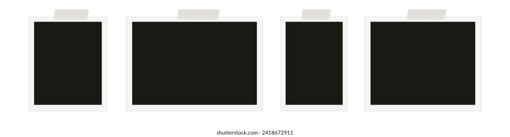 Photo frame with sticky tape on gray background. Template, blank for photo. Vector illustration