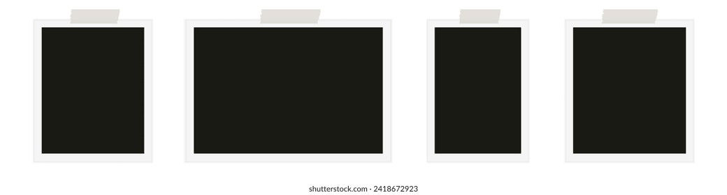 Photo frame with sticky tape on gray background. Template, blank for photo. Vector illustration