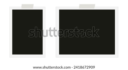 Photo frame with sticky tape on gray background. Template, blank for photo. Vector illustration