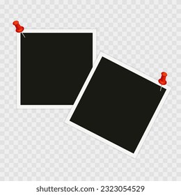 Photo frame with straight pin, drawing pin, thumbtack. Template, blank for photo. Vector illustration