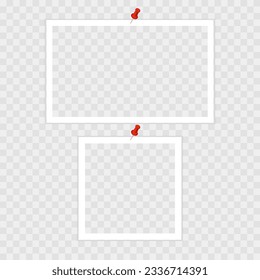 Photo frame with straight pin, drawing pin, thumbtack. Template, blank for photo. Vector illustration