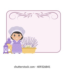 Photo frame in the style of Provence. Cartoon girl in national dress of Provence, lavender. With space for your text or photos.