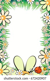 Photo frame summer. Vector illustration for your design. Ladybugs, insects on the grass with daisies. Vertical sheet orientation