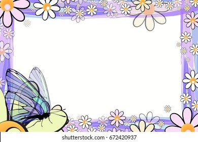 Photo frame summer. Vector illustration for your design. Elements of mosaic and butterflies on chamomiles. Horizontal sheet orientation