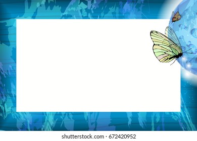 Photo frame summer. Vector illustration for your design. Blue sky and butterflies under the moon. Horizontal sheet orientation