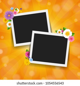Photo Frame With Sunburst Background With Flowers Border With Gradient Mesh, Vector Illustration