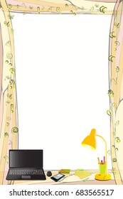 Photo frame with symbols. Computer and smart phone. Illustration for your design. Vertical orientation of the sheet.