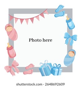 Photo frame template for gender reveal party with boy or girl baby elements in pink and blue colors