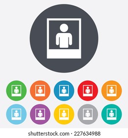 Photo frame template with human selfie sign icon. User portrait photography symbol. Round colourful 11 buttons. Vector