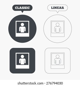 Photo frame template with human selfie sign icon. User portrait photography symbol. Classic and line web buttons. Circles and squares. Vector