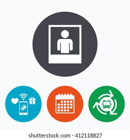 Photo frame template with human selfie sign icon. User portrait photography symbol. Mobile payments, calendar and wifi icons. Bus shuttle.