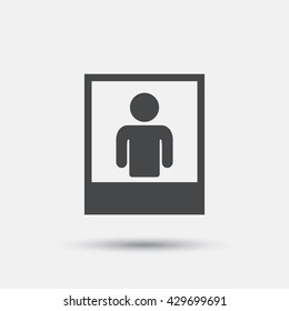 Photo frame template with human selfie sign icon. User portrait photography symbol. Flat portrait photo web icon on white background. Vector
