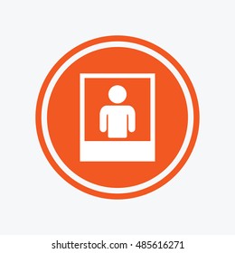 Photo frame template with human selfie sign icon. User portrait photography symbol. Graphic design element. Flat portrait photo symbol on the round button. Vector