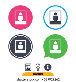 Photo frame template with human selfie sign icon. User portrait photography symbol. Report document, information sign and light bulb icons. Vector