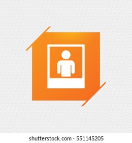 Photo frame template with human selfie sign icon. User portrait photography symbol. Orange square label on pattern. Vector