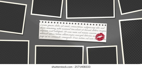 Photo frame template with kiss note and lips design. Vintage scrapbook collage on cement wall background with a retro album layout.