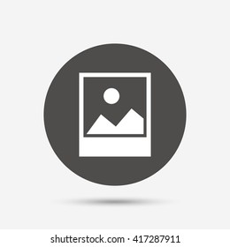 Photo frame template with landscape sign icon. Nature photography symbol. Gray circle button with icon. Vector