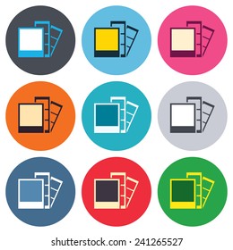 Photo frame template sign icon. Photo booth strips symbol. Colored round buttons. Flat design circle icons set. Vector