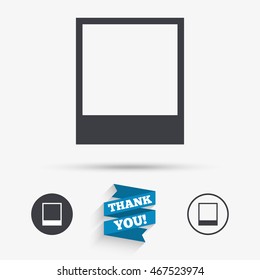 Photo frame template sign icon. Empty photography symbol. Flat icons. Buttons with icons. Thank you ribbon. Vector