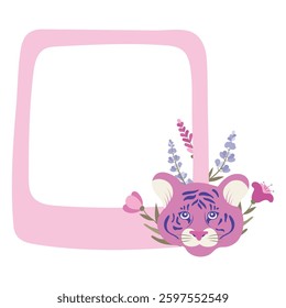 Photo frame with tiger and flowers, vector illustration on the white background