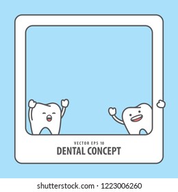 Photo frame with Tooth characters illustration vector on blue background. Dental concept.