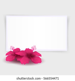 Photo frame and two dark pink hibiscuses. Blank card for custom text or picture and bright tropical flowers for decoration. Shadows effect. Vector illustration.

