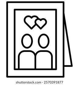 Photo frame with two people and two hearts line art icon illustration. Perfect for wedding invitations, anniversary cards, and romantic designs
