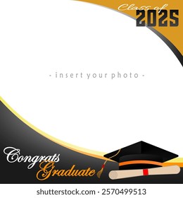 photo frame with university graduate theme. Graduate student class 2025. School graduation ceremony frame for selfie vector.