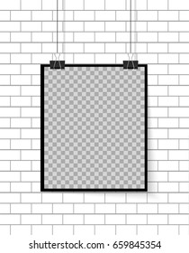 Photo frame. Vector illustration. Vertical Photo Frame on brick wall. Mock up for your design. Isolated.