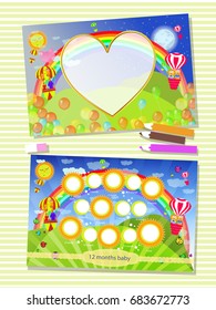 Photo The frame is vertical and horizontally. Illustration for your design. Frame for the baby. Twelve months old baby. Heart and sun. With pencils and eraser on the table