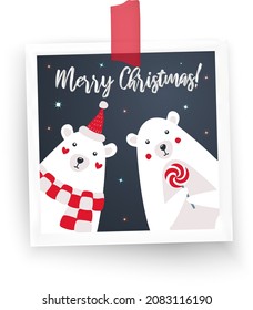 Photo frame with white borders and sticker. Two cartoon characters polar white bears. New year and christmas 2021 2022 2023 postcard banner design garland collage. Metallic calligraphic text