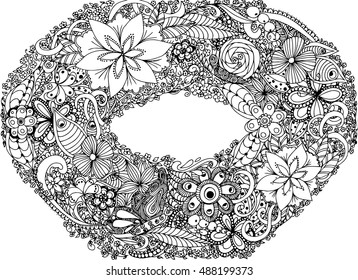 photo frame, wreath, garland, crown, circlet of flower. Vector illustration. Doodle drawing. Meditative exercise. Coloring book anti stress for adults. Brown and white.
