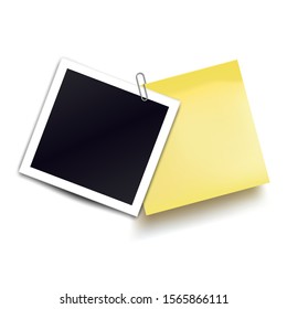 Photo frame and yellow sticky note attached metal paper clip. Metal paper clip attached to retro photorealistic photo frame. Template for design. Vector illustration