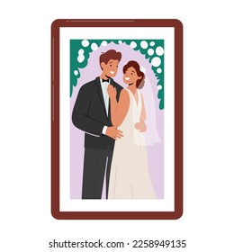 Photo in Frame with Young Groom and Bride Stand Together, Smiling, Embrace. Romantic Setting, Flowers, Greenery In Background. Happy In Love Newlywed Characters. Cartoon People Vector Illustration