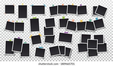 Photo frames. Big set of photo frames with sticky tape. Vertical and horizontal template photo. Vector Isolated on transparent background