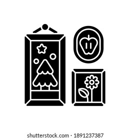 Photo frames black glyph icon. Wall decor. Interior design. Treasuring memories. Multi picture frames. Decorative home accessories. Silhouette symbol on white space. Vector isolated illustration