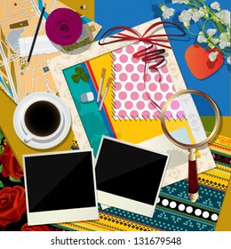 Photo frames, coffee and flowers, vector collage