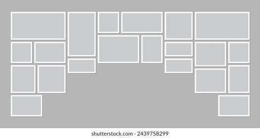 Collage de marcos de fotos para galería, museo o pared de la habitación. Plantilla de diseño de interiores con 21 marcos vacíos para imágenes e imágenes en forma de arco, ilustración vectorial