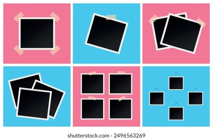 Photo frames collage set. Blank instant photos on pink and blue backgrounds. Vector illustration