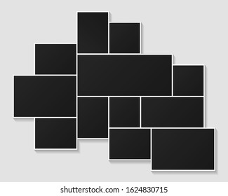 Photo frames collage template illustration. Vector poster frame mockup. Black blank picture photo frames. Board and branding presentation, collage template with white borders.