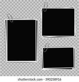 Photo frames composition with clips on transparent background. Vector design template